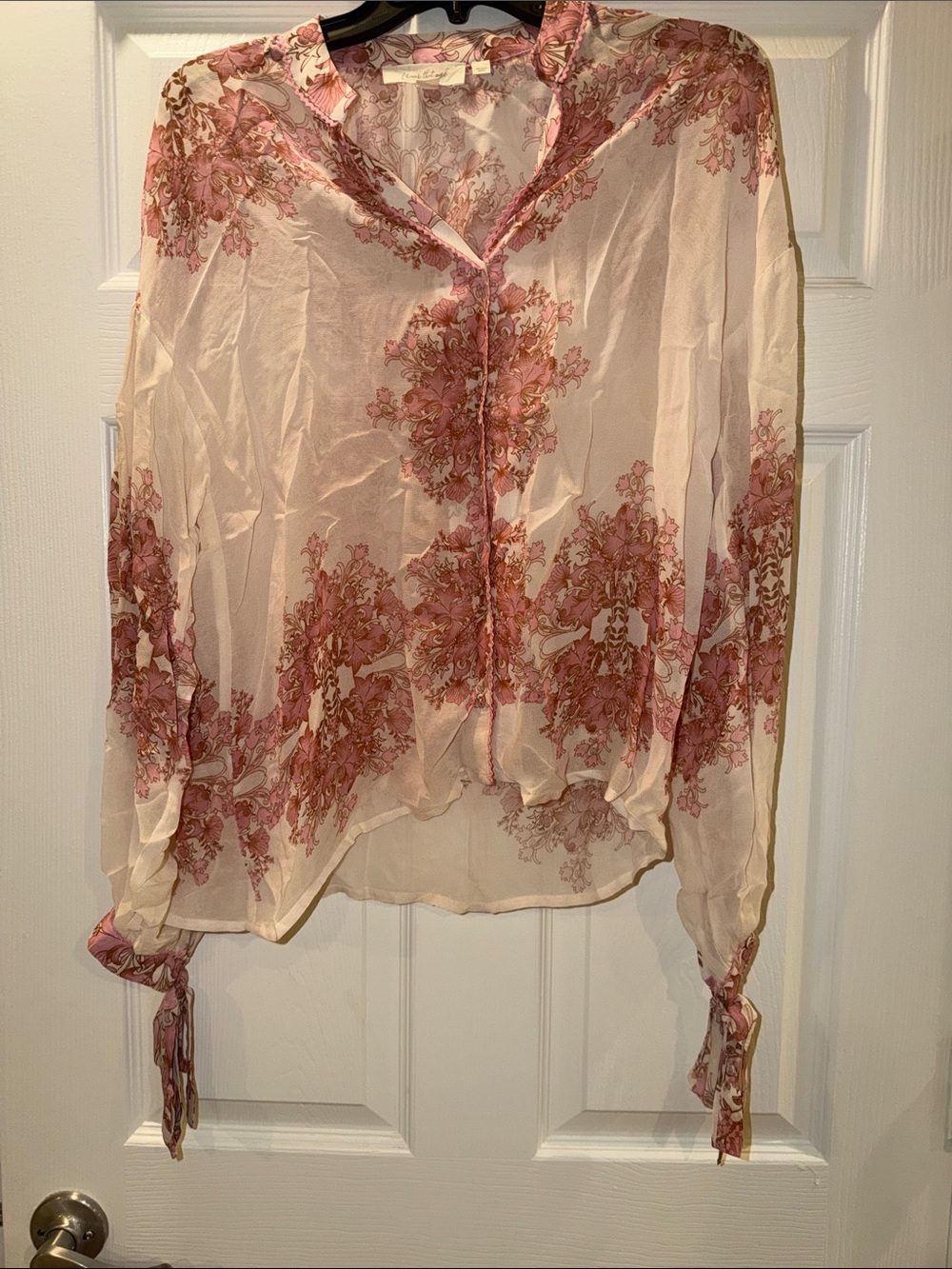 Sheer Floral Tie-Cuff Blouse in Pink and Cream